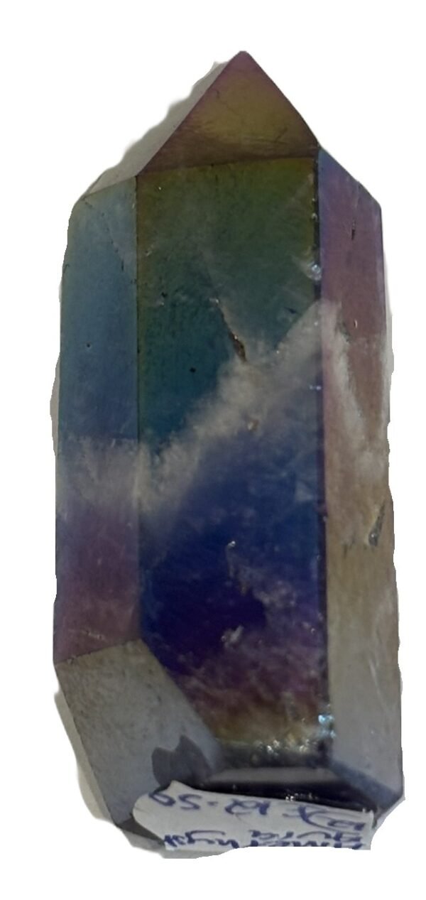 Standing rainbow amethyst aura polished crystal point 12 sians emporium Polished rainbow amethyst aura quartz generator point showing iridescent green violet and gold metallic sheen over natural chevron banding